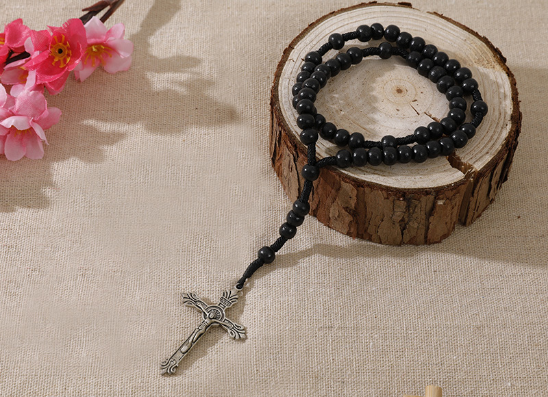 6-7mm black wood rosary with metal cross