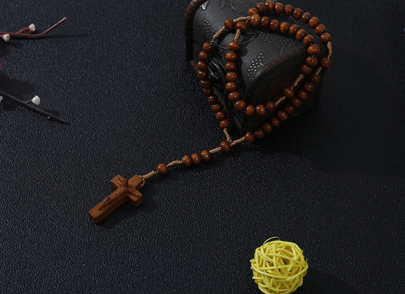 6-7mm brown wood rosary with carved cross