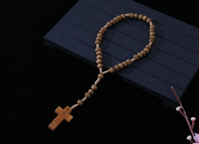 6-7mm carved brown wood cord rosary