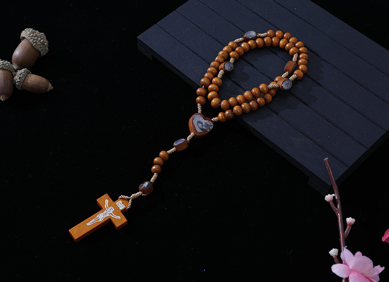 6-7mm light brown wood cord rosary with pictures