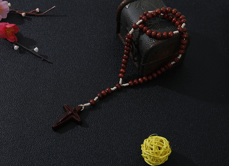 6-7mm red wood rosary with carved cross