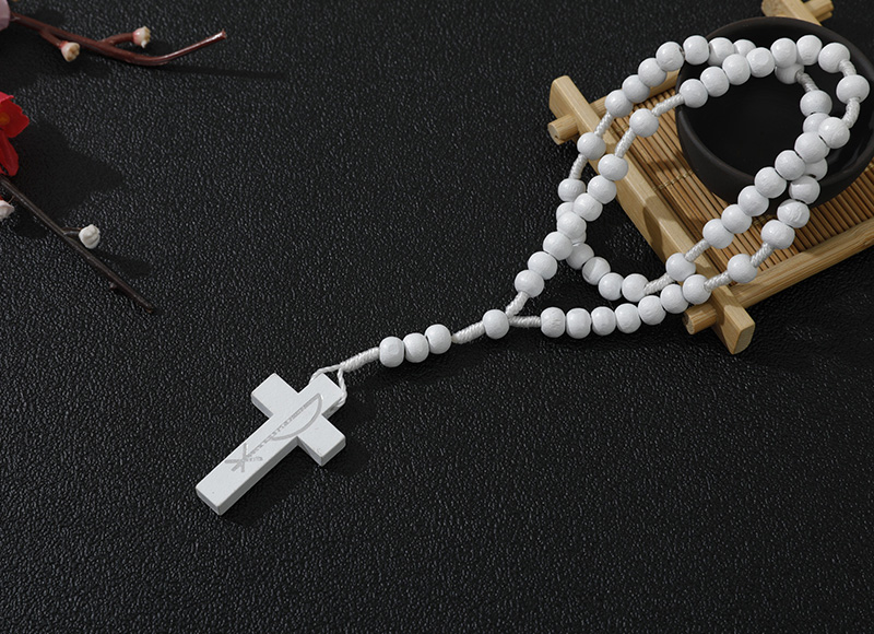 6-7mm white wood rosary with  cross