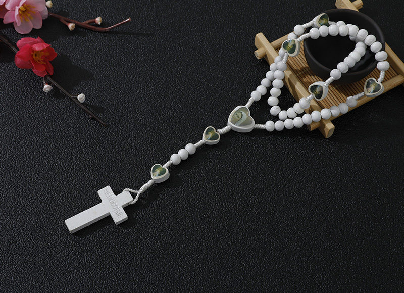 6-7mm white wood rosary with hearts