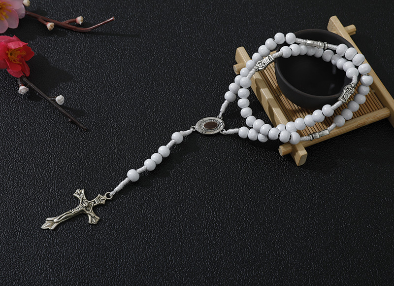 6-7mm white wood rosary with metal cross