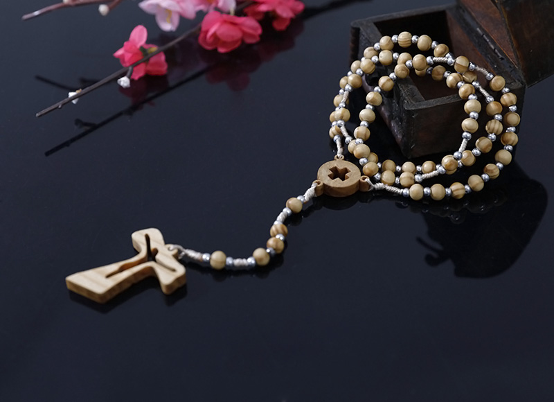 5-6mm olive wood rosary with silver plastic beads