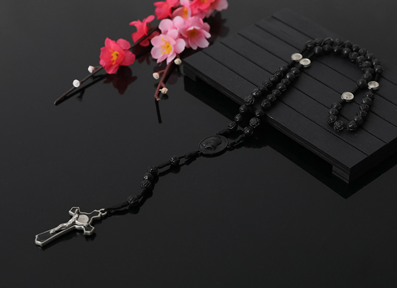 6x7mm Black Plastic Rose Beads Rosary With Alloy Pendant