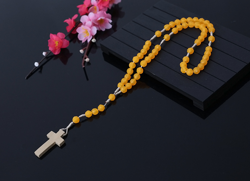 6X7mm Orange Plastic Rosary With Wood Cross