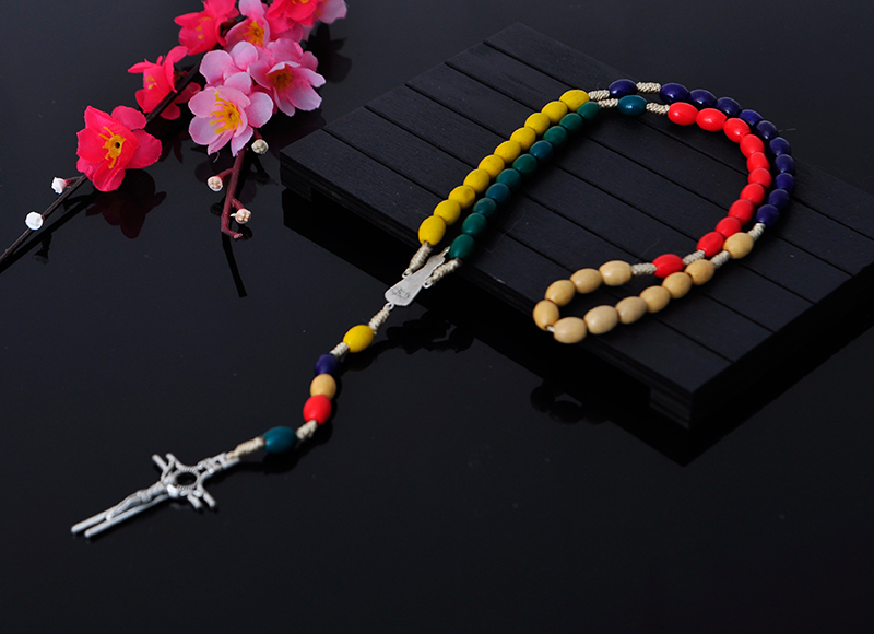 6x8mm colorful wood beads rosary with alloy cross