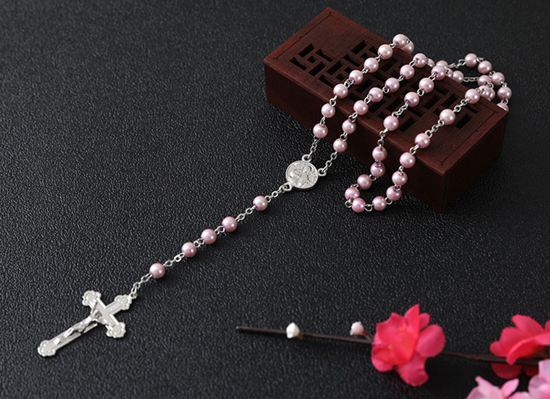 Pink glass imitation pearl rosary