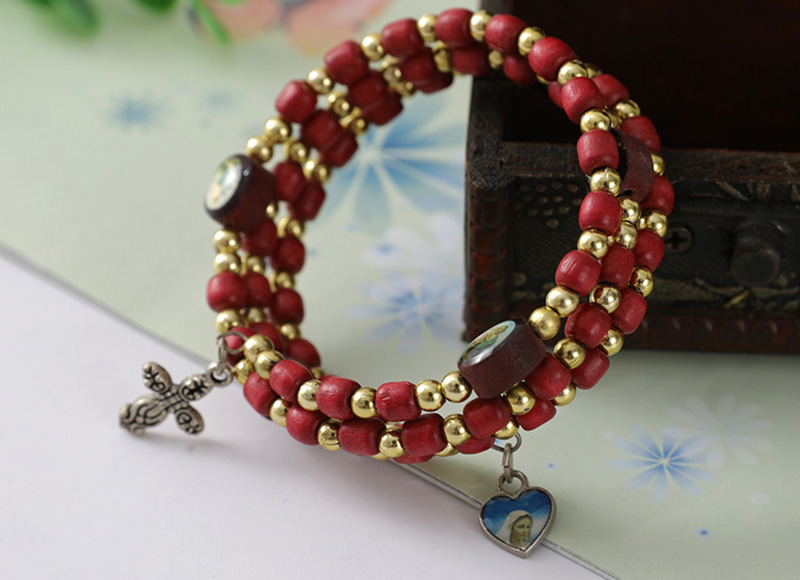 red wood bead bracelet with cross