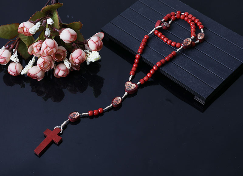 religious wood red beads rosary