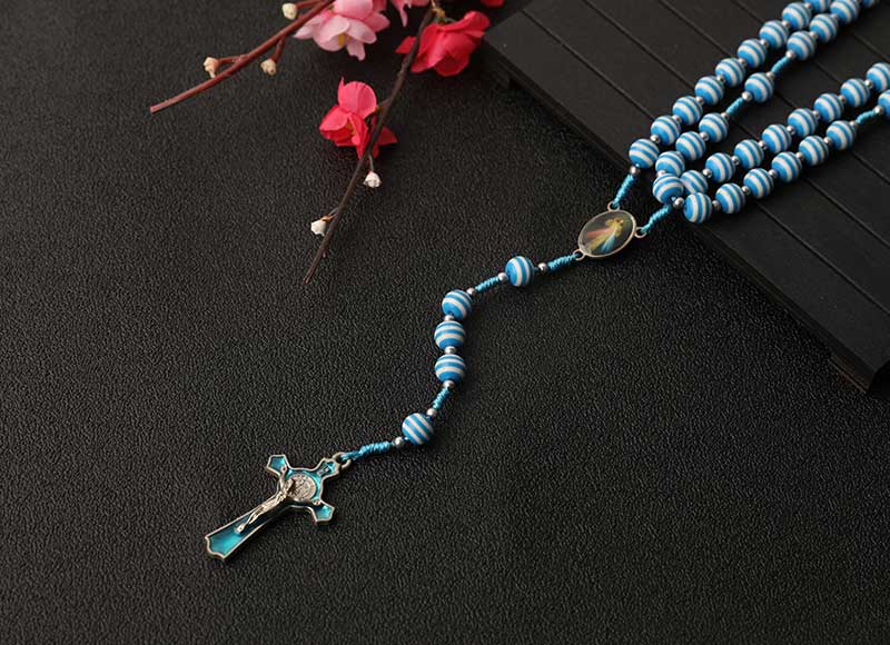 6mm Blue Ceramic Beaded Cord Rosary Alloy Cross Necklace