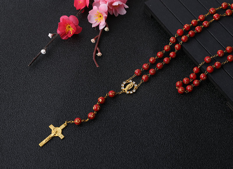 6mm Red Plastic Cross Rosary Gold Chain Necklace