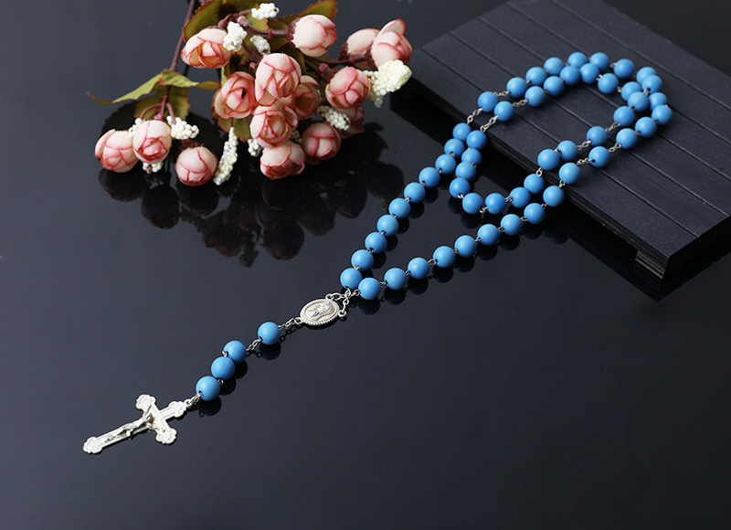 8mm blue plastic beads chain rosary necklace