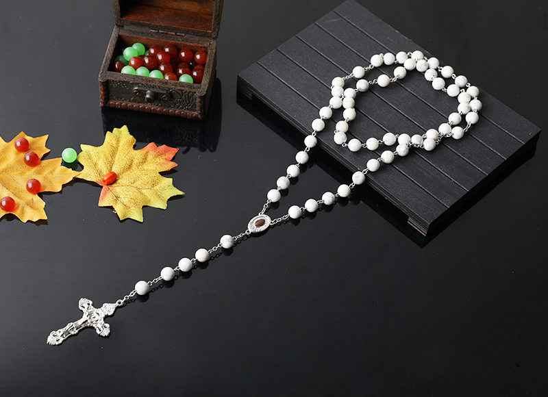 8mm white stone beads chain rosary necklace