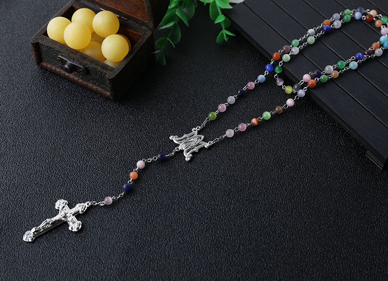 Colorful cat eye beads chain rosary necklace