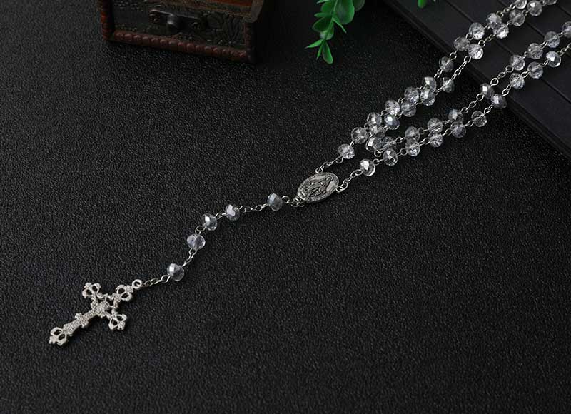 White Crystal Beads Chain Rosary Necklace