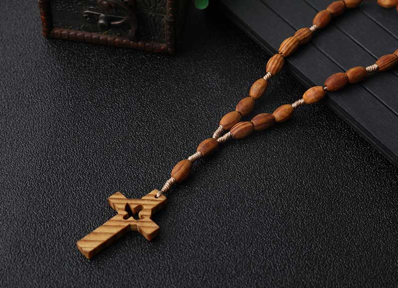 8x6mm Wood Oval Beads Cord Rosary With Wood Cross