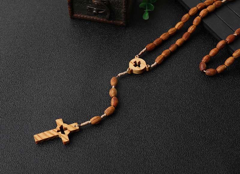 Engraving Cross Pendant Necklace Wood Beaded Rosary