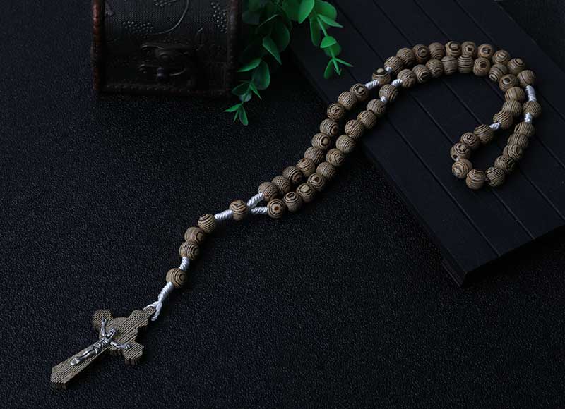 Gray Wood Beads Rosary Jesus Cross