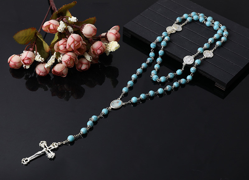 blue plastic beads rosary necklace