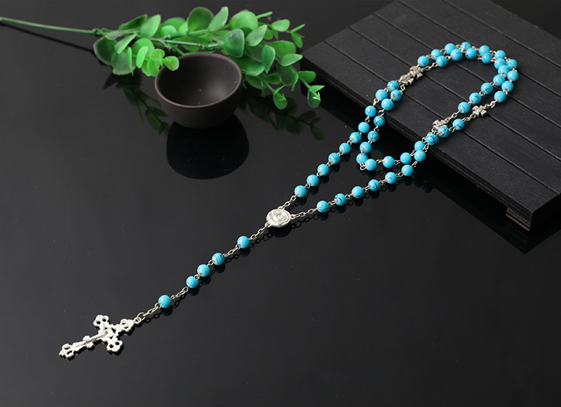 blue plastic religious rosary necklace