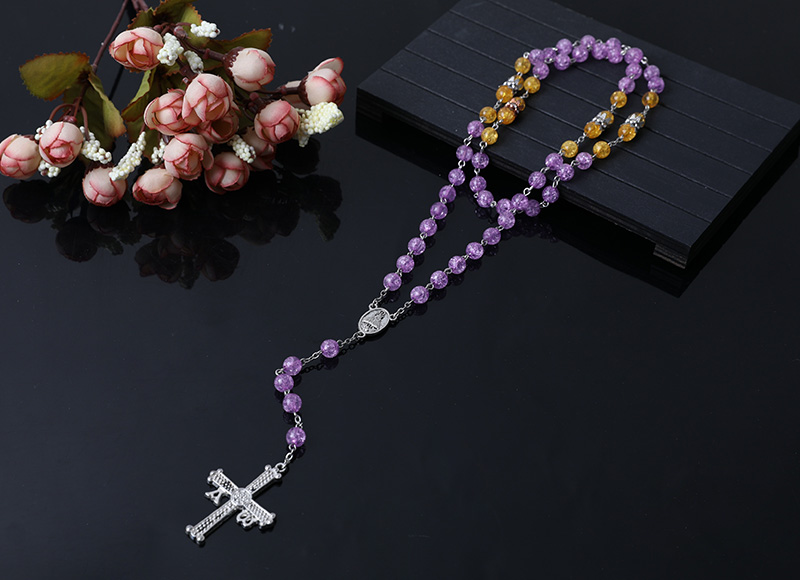 purple glass beads rosary necklace