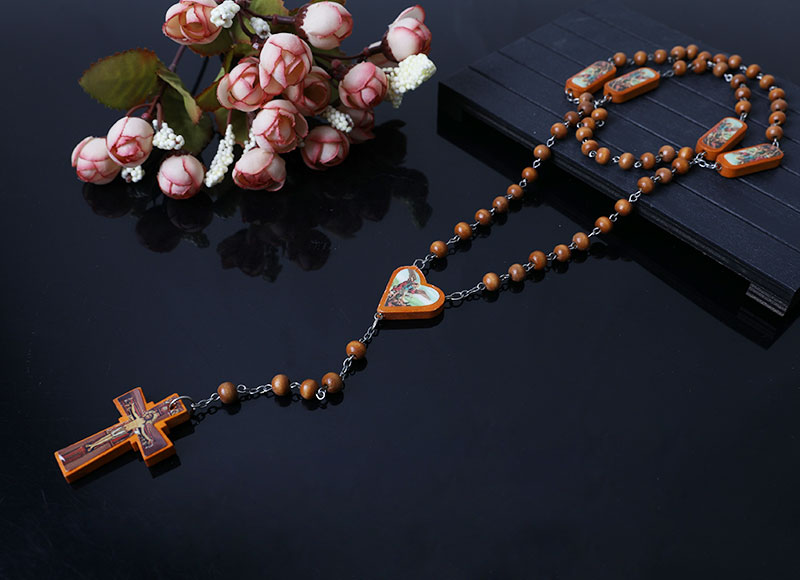 brown wood beads rosary necklace