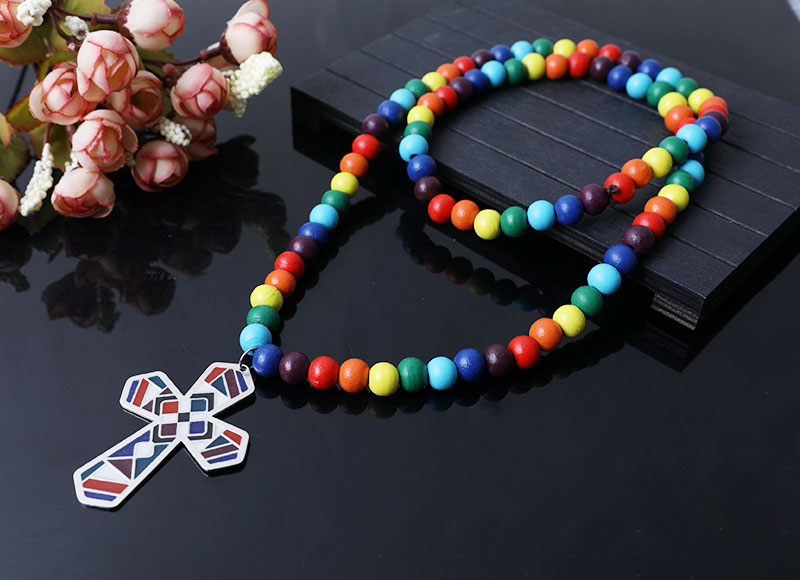 colorful wood beads necklace with cross