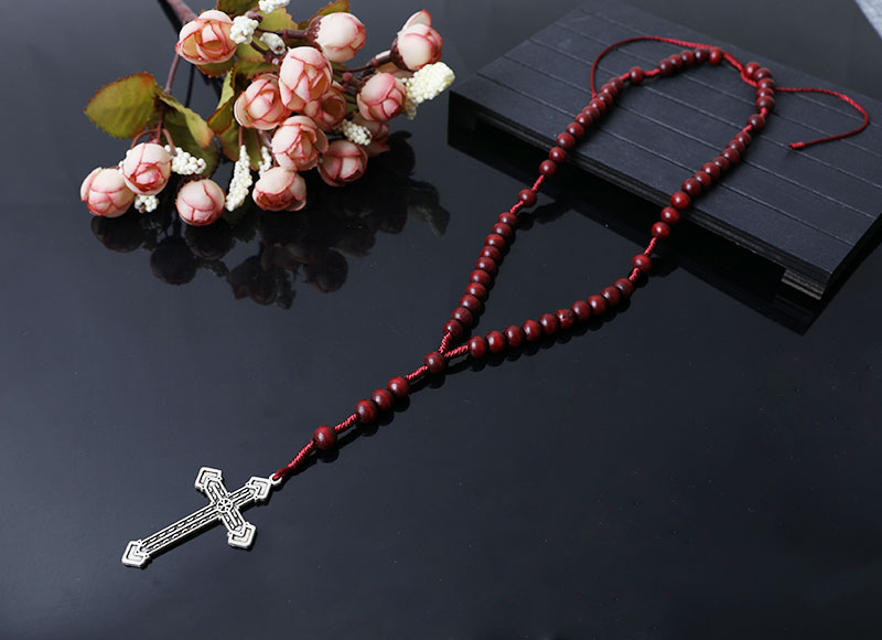 dark red wooden beads rosary necklace